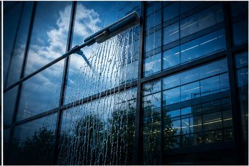 Professionelle Reinigung einer hellen Glasfläche